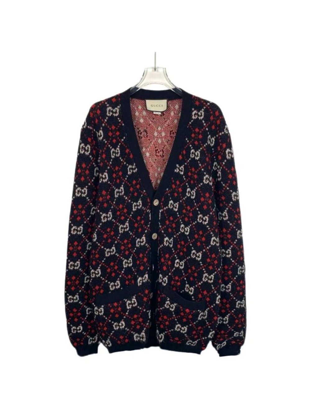 Gucci Black & Red GG Monogram Wool Blend Knit Cardigan